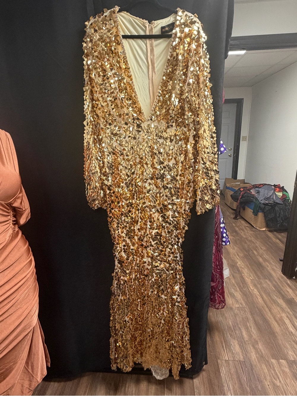 Sequin V-Neck Long Sleeve Evening Gown - Gold